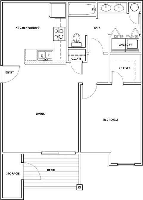 Floor plan for 1 bed, 1 bath, 687 sqft